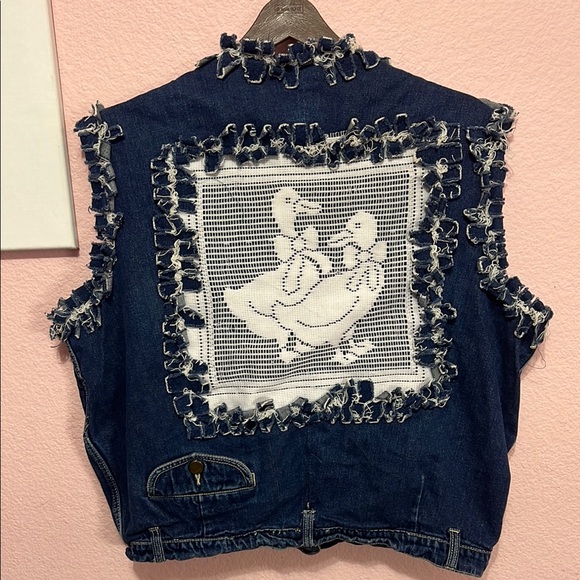 Upcycled Frayed Edges Denim Vest W/Duck. Size L - Picture 3 of 7